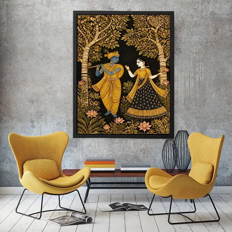 Krishna Radha gold Canvas Print with floral trees in black and gold tones