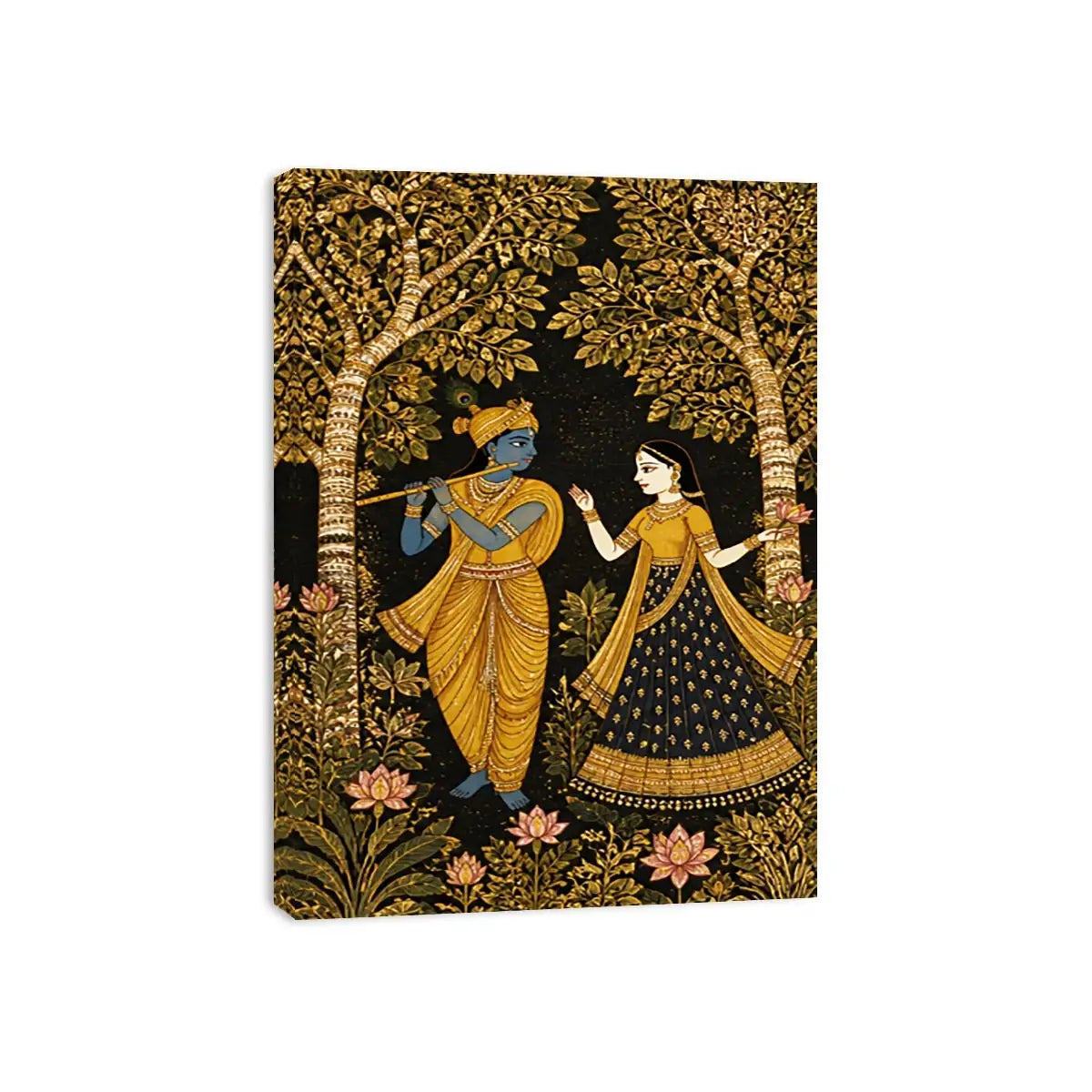 Krishna Radha gold Canvas Print with floral trees in black and gold tones