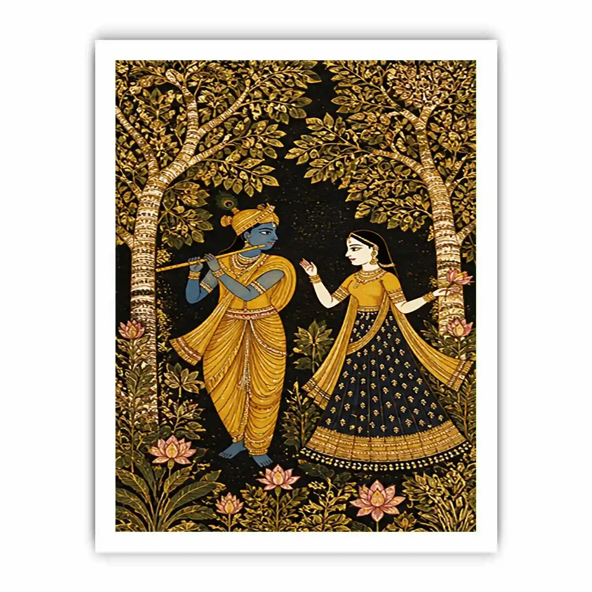 Krishna Radha gold Canvas Print with floral trees in black and gold tones