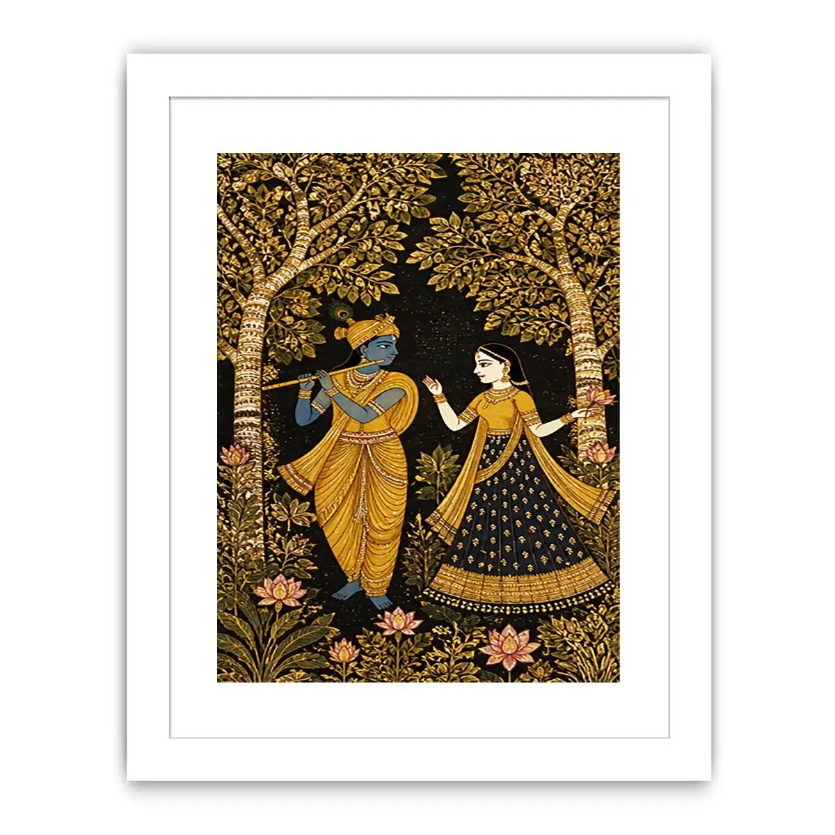 Krishna Radha gold Canvas Print with floral trees in black and gold tones