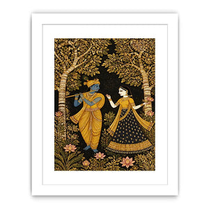 Krishna Radha gold Canvas Print with floral trees in black and gold tones