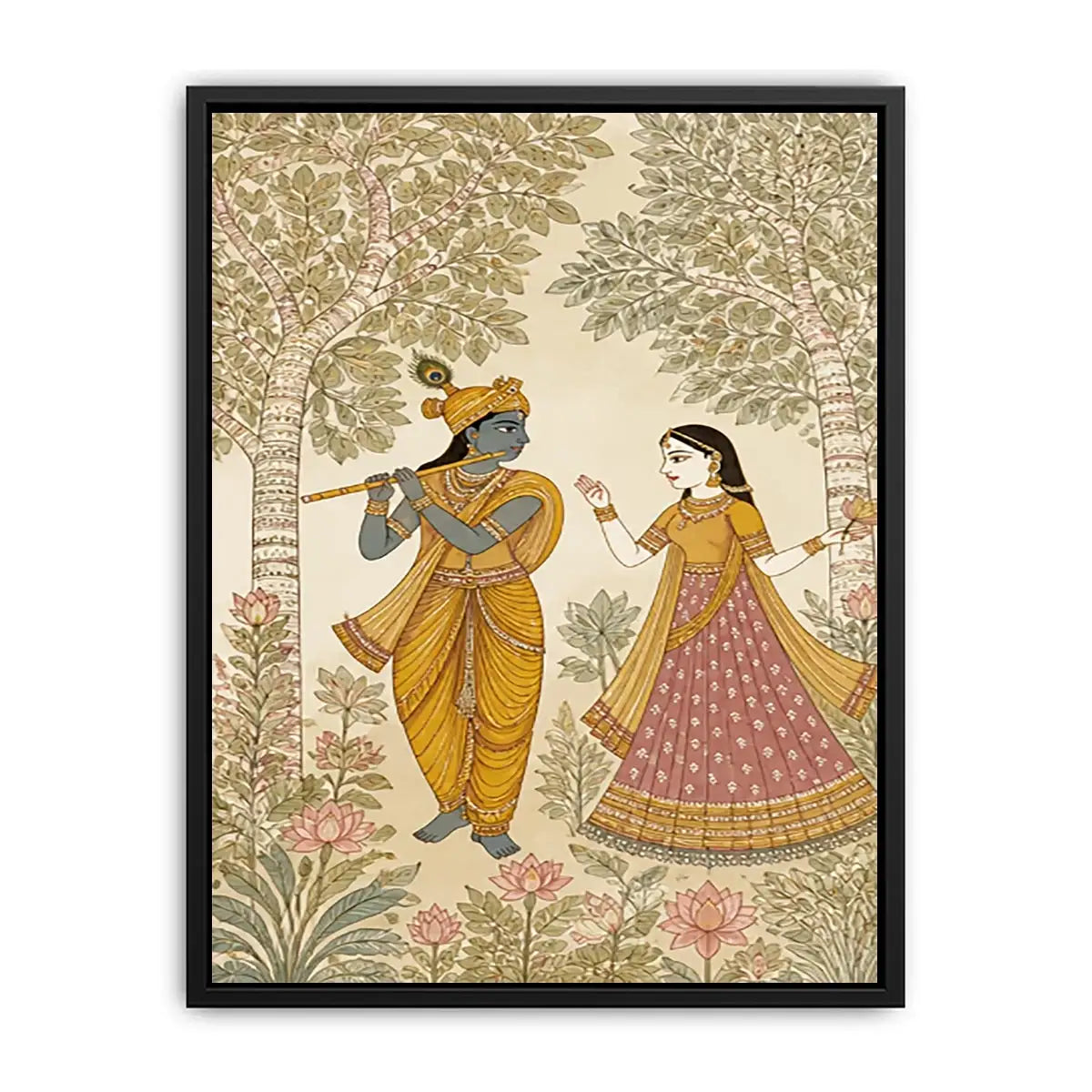 Krishna Radha forest Canvas Print traditional Indian painting canvas serene spiritual decor beige green luxury illustration