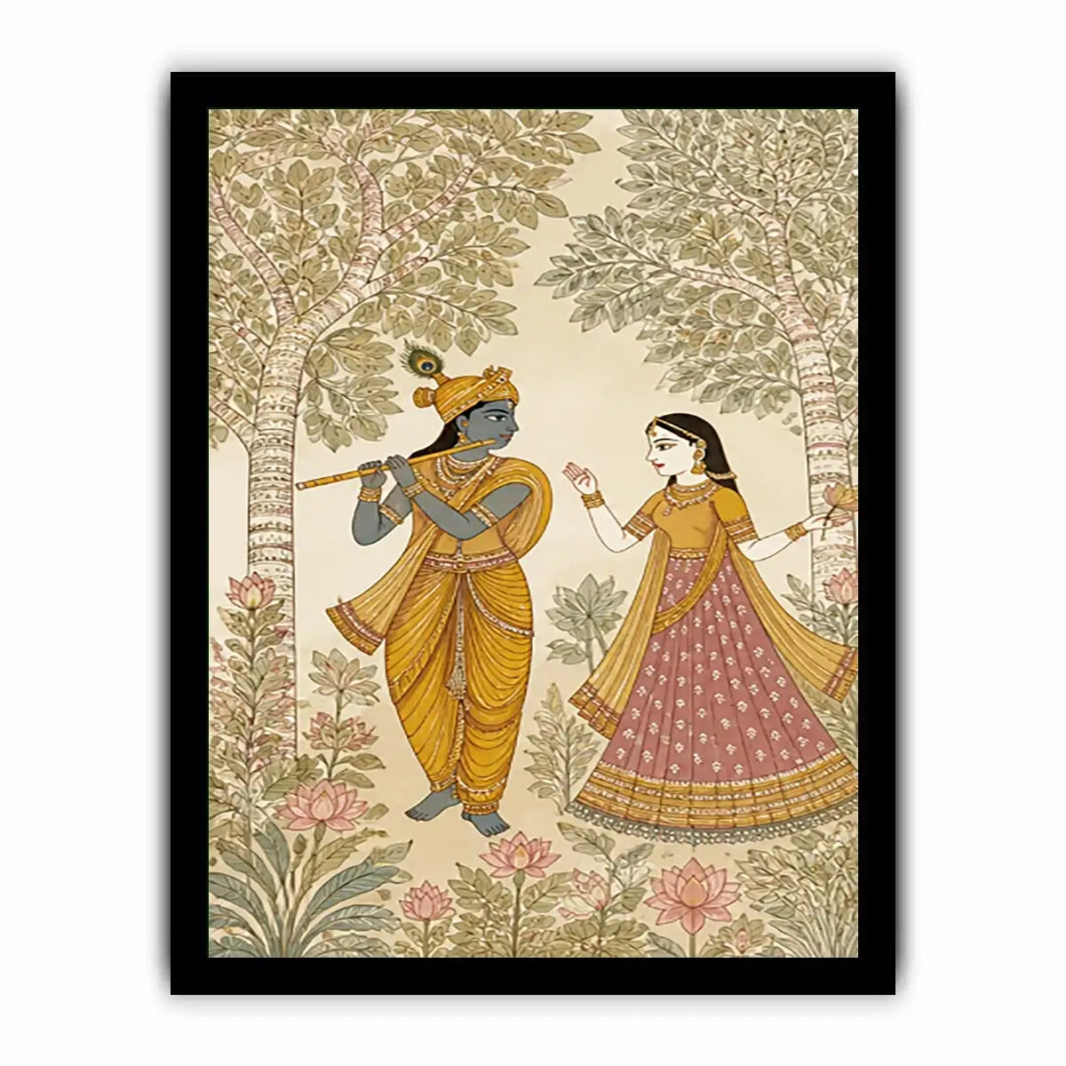 Krishna Radha forest Canvas Print traditional Indian painting canvas serene spiritual decor beige green luxury illustration