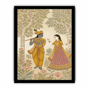 Krishna Radha forest Canvas Print traditional Indian painting canvas serene spiritual decor beige green luxury illustration