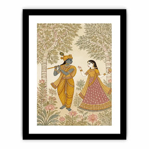 Krishna Radha forest Canvas Print traditional Indian painting canvas serene spiritual decor beige green luxury illustration