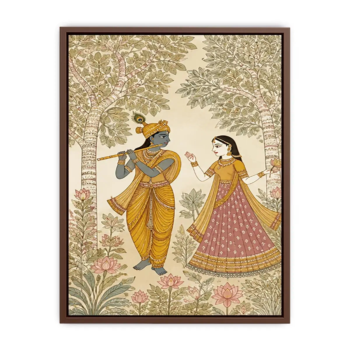 Krishna Radha forest Canvas Print traditional Indian painting canvas serene spiritual decor beige green luxury illustration