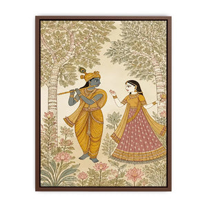 Krishna Radha forest Canvas Print traditional Indian painting canvas serene spiritual decor beige green luxury illustration
