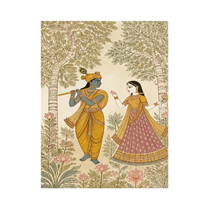 Krishna Radha forest Canvas Print traditional Indian painting canvas serene spiritual decor beige green luxury illustration