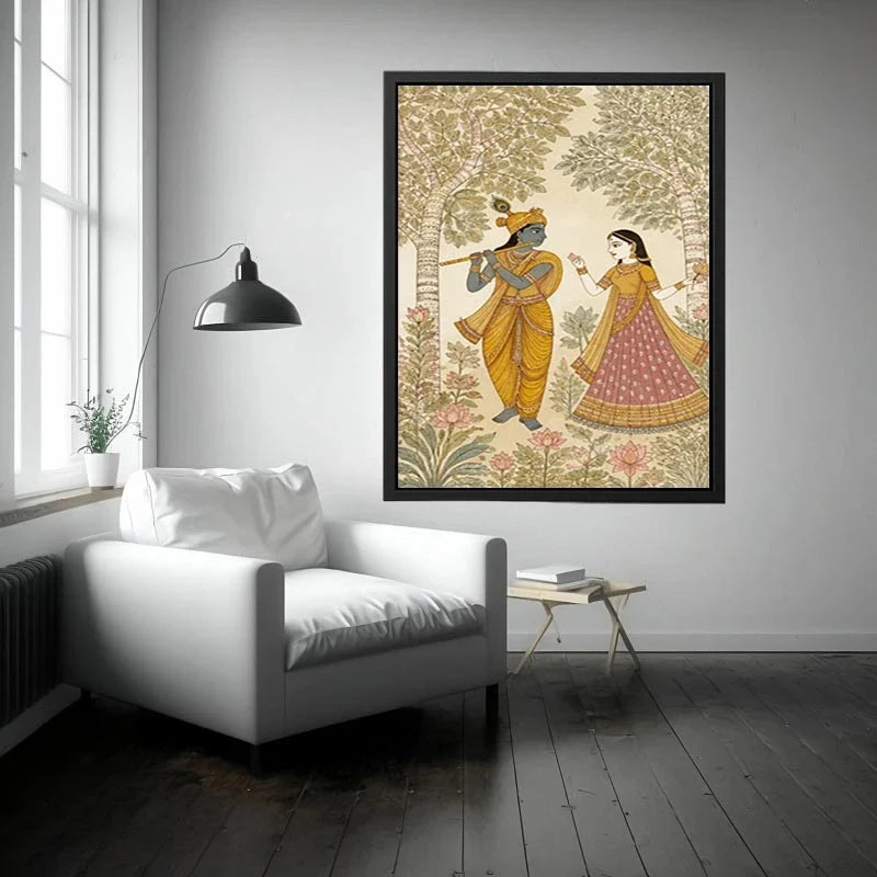 Krishna Radha forest wall art traditional Indian painting canvas serene spiritual decor beige green luxury illustration