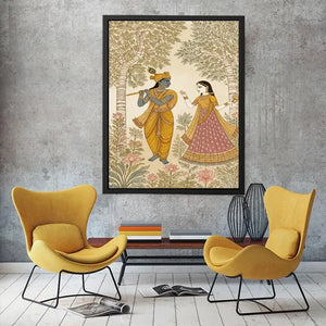 Krishna Radha forest Canvas Print traditional Indian painting canvas serene spiritual decor beige green luxury illustration