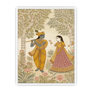 Krishna Radha forest Canvas Print traditional Indian painting canvas serene spiritual decor beige green luxury illustration