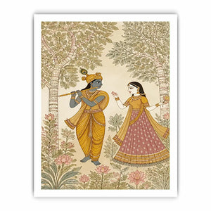 Krishna Radha forest Canvas Print traditional Indian painting canvas serene spiritual decor beige green luxury illustration