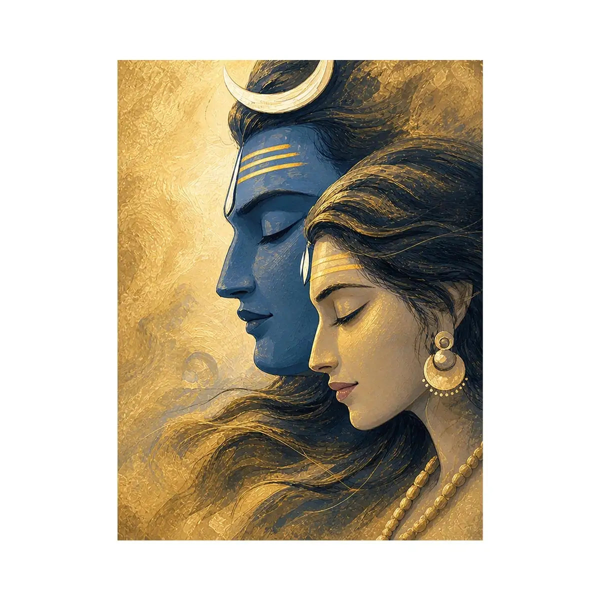 Shiva Parvati Canvas Print canvas gold blue spiritual painting divine couple luxury Indian decor serene artwork