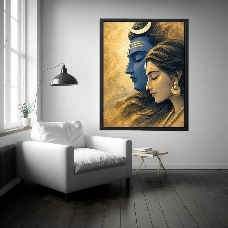 Shiva Parvati Canvas Print canvas gold blue spiritual painting divine couple luxury Indian decor serene artwork