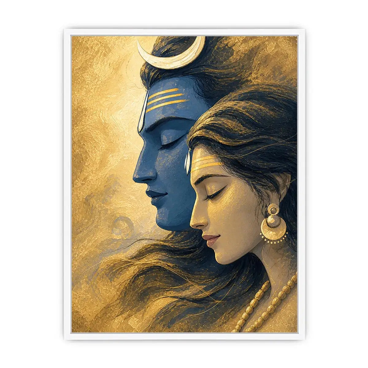 Shiva Parvati Canvas Print canvas gold blue spiritual painting divine couple luxury Indian decor serene artwork