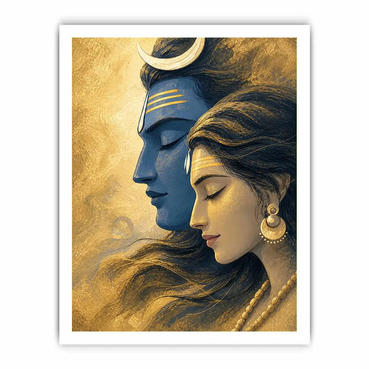 Shiva Parvati Canvas Print canvas gold blue spiritual painting divine couple luxury Indian decor serene artwork