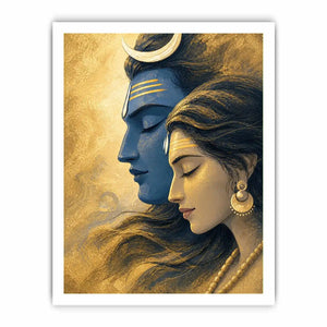 Shiva Parvati Canvas Print canvas gold blue spiritual painting divine couple luxury Indian decor serene artwork