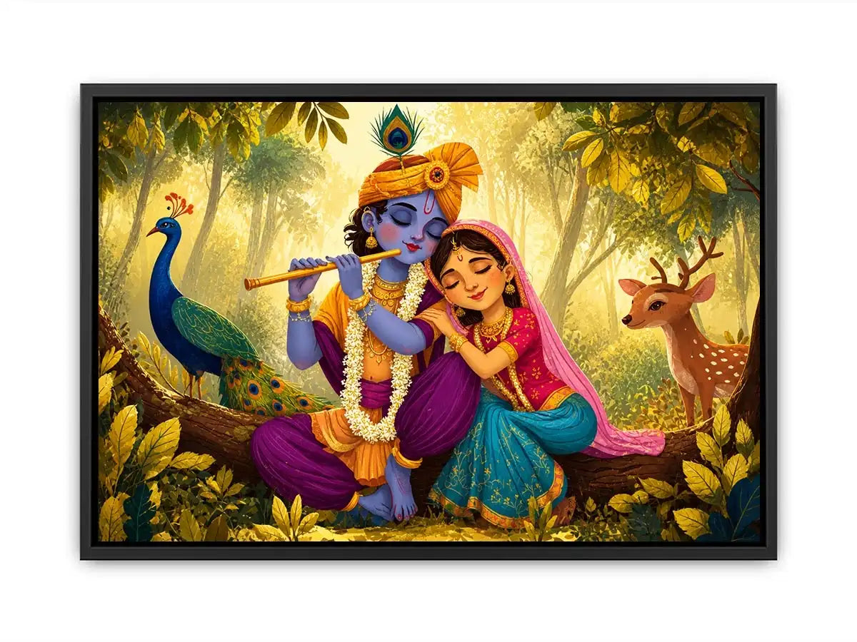 Krishna Radha forest Canvas Print canvas colorful spiritual painting peacock deer nature Indian decor kids friendly artwork