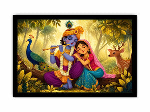 Krishna Radha forest Canvas Print canvas colorful spiritual painting peacock deer nature Indian decor kids friendly artwork
