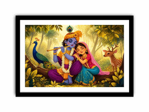 Krishna Radha forest Canvas Print canvas colorful spiritual painting peacock deer nature Indian decor kids friendly artwork