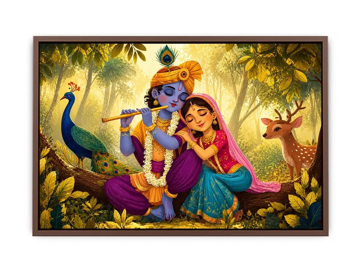 Krishna Radha forest Canvas Print canvas colorful spiritual painting peacock deer nature Indian decor kids friendly artwork