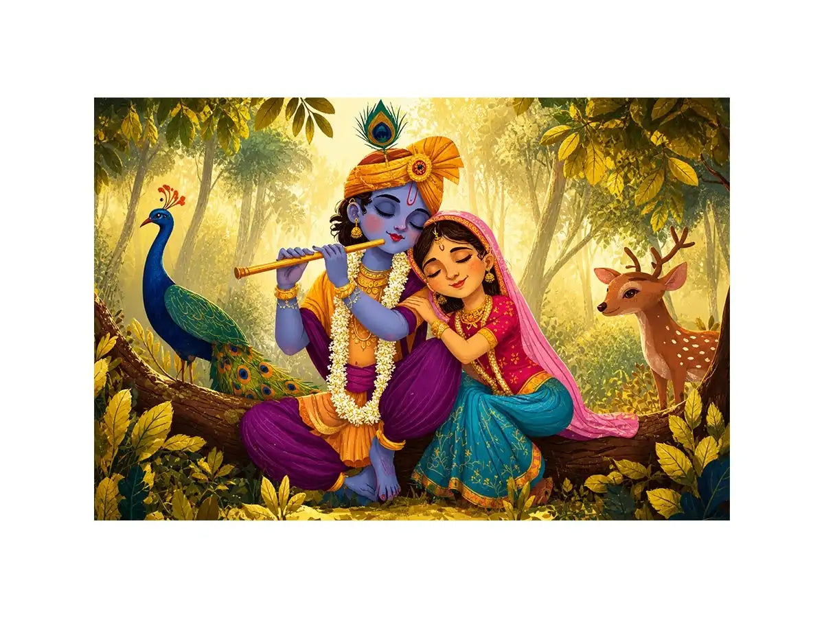 Krishna Radha forest Canvas Print canvas colorful spiritual painting peacock deer nature Indian decor kids friendly artwork