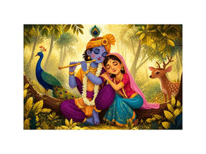Krishna Radha forest Canvas Print canvas colorful spiritual painting peacock deer nature Indian decor kids friendly artwork