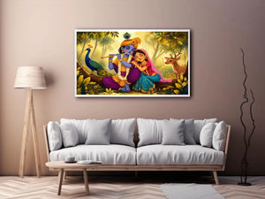 Krishna Radha forest Canvas Print canvas colorful spiritual painting peacock deer nature Indian decor kids friendly artwork