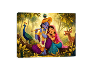 Krishna Radha forest Canvas Print canvas colorful spiritual painting peacock deer nature Indian decor kids friendly artwork