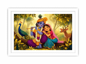 Krishna Radha forest Canvas Print canvas colorful spiritual painting peacock deer nature Indian decor kids friendly artwork
