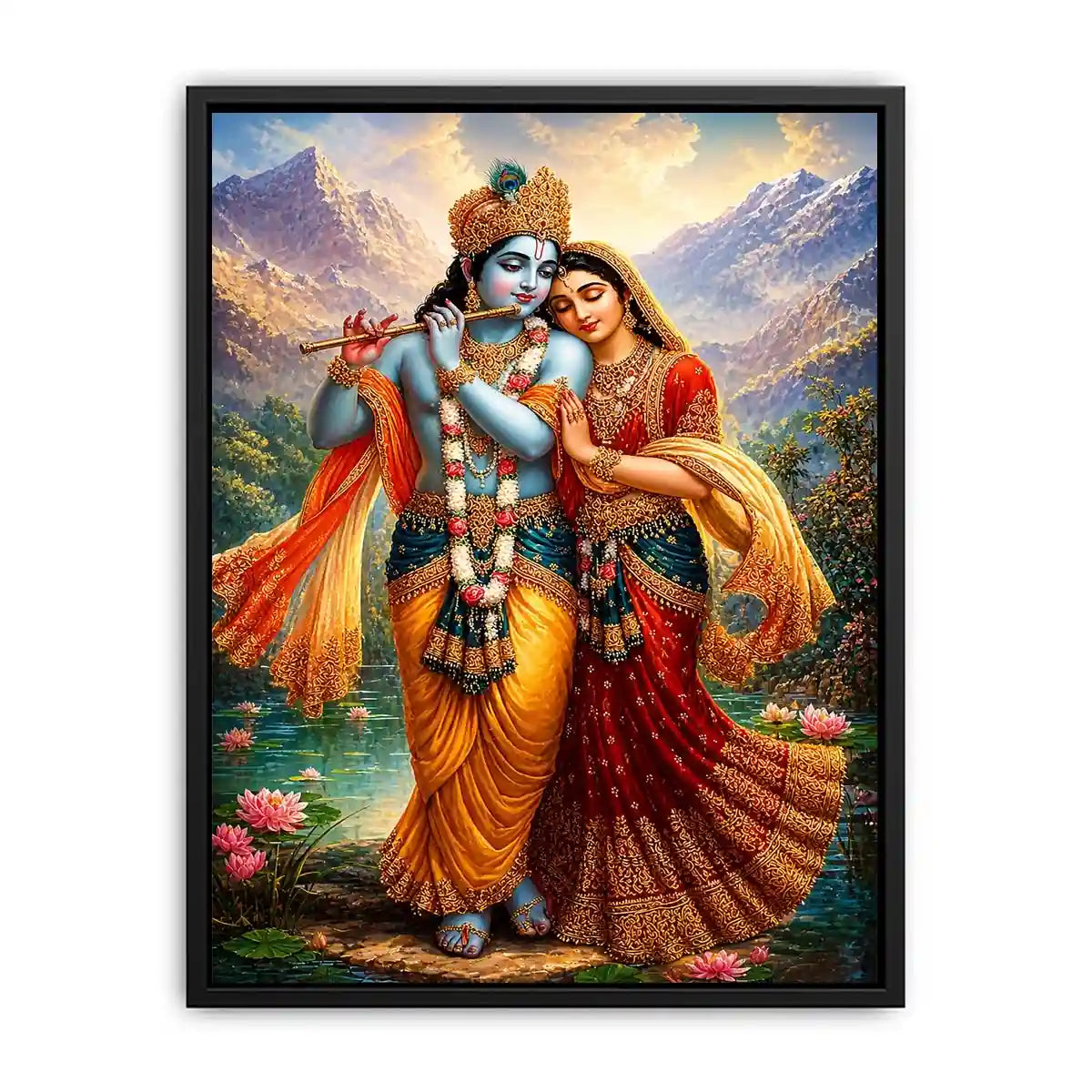 Krishna Radha mountain Canvas Print canvas lotus lake spiritual painting divine couple luxury Indian decor vibrant artwork