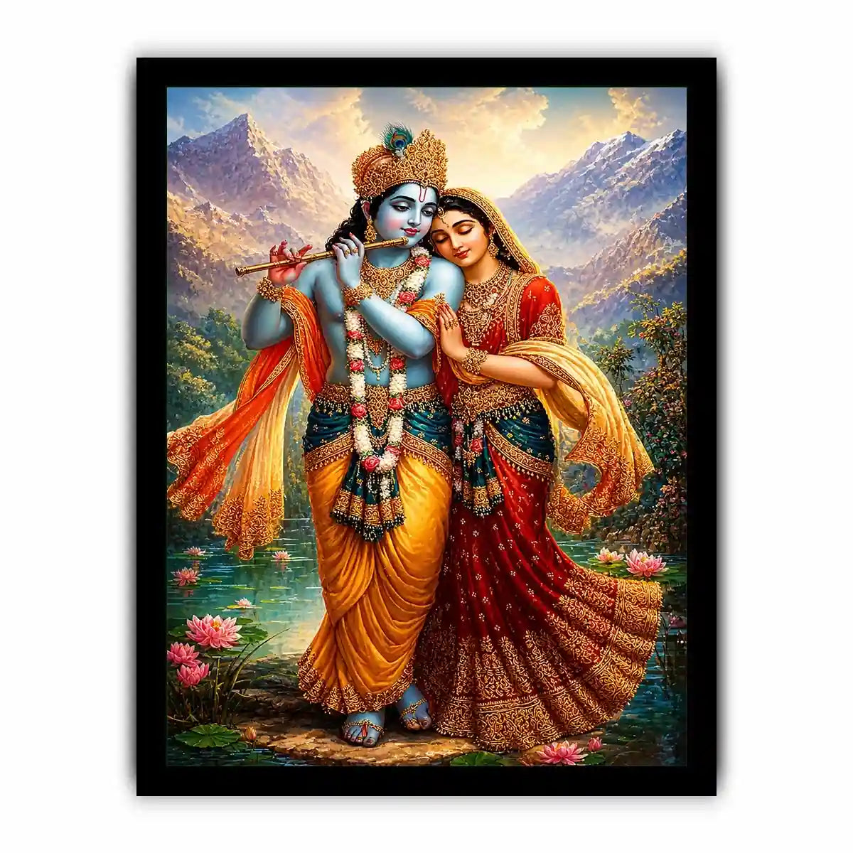 Krishna Radha mountain Canvas Print canvas lotus lake spiritual painting divine couple luxury Indian decor vibrant artwork