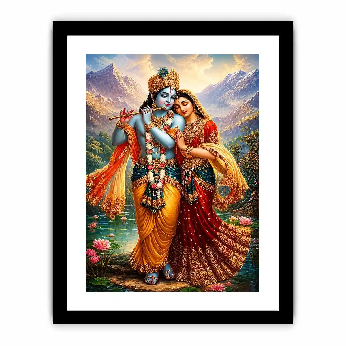 Krishna Radha mountain Canvas Print canvas lotus lake spiritual painting divine couple luxury Indian decor vibrant artwork
