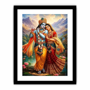 Krishna Radha mountain Canvas Print canvas lotus lake spiritual painting divine couple luxury Indian decor vibrant artwork