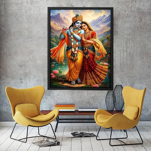Krishna Radha mountain Canvas Print canvas lotus lake spiritual painting divine couple luxury Indian decor vibrant artwork