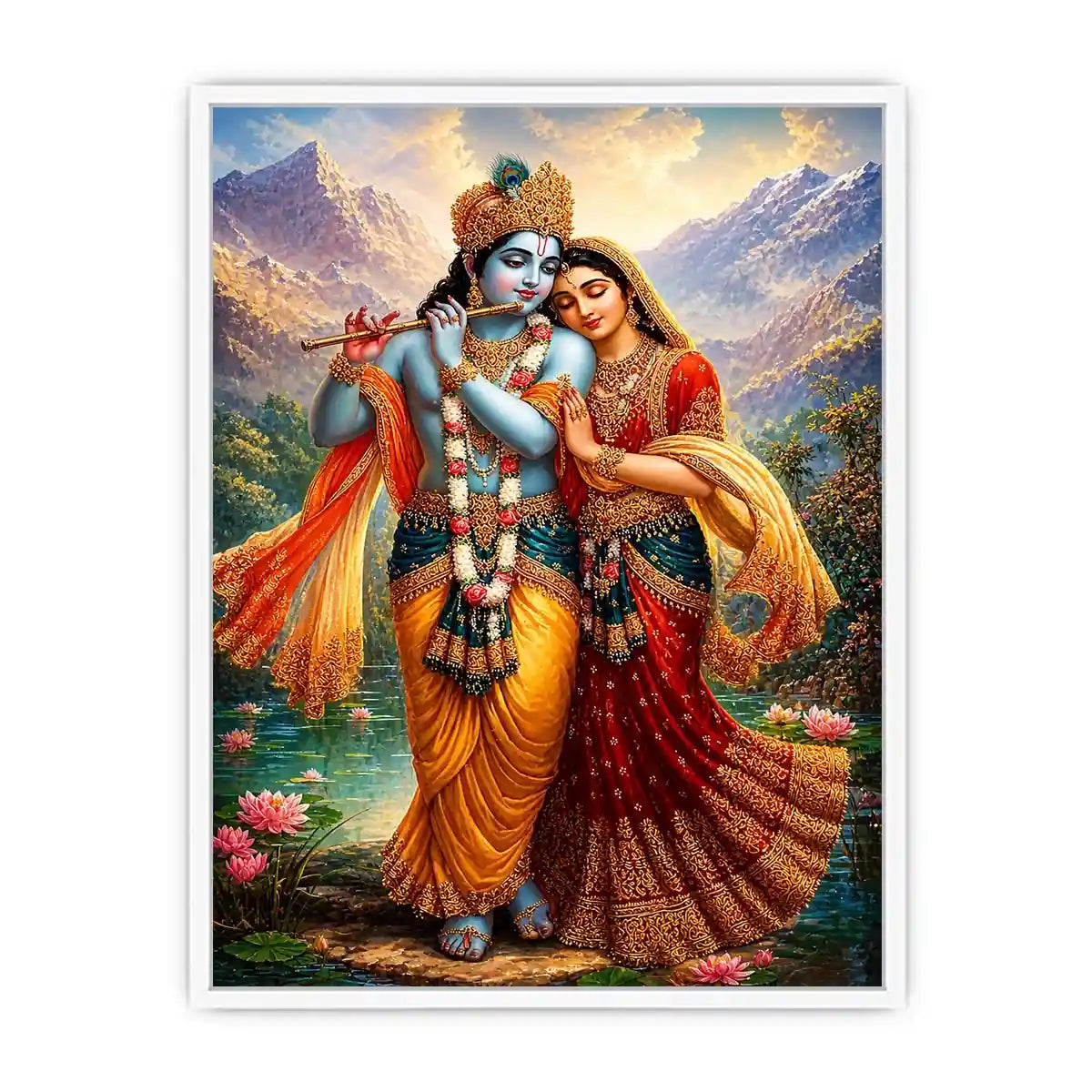Krishna Radha mountain Canvas Print canvas lotus lake spiritual painting divine couple luxury Indian decor vibrant artwork