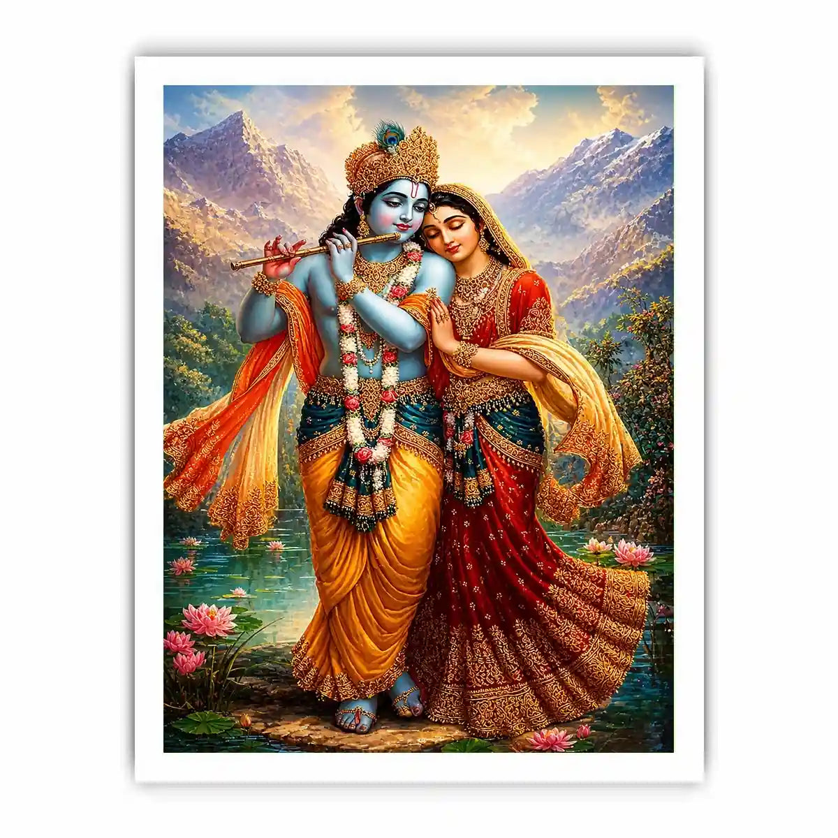Krishna Radha mountain Canvas Print canvas lotus lake spiritual painting divine couple luxury Indian decor vibrant artwork