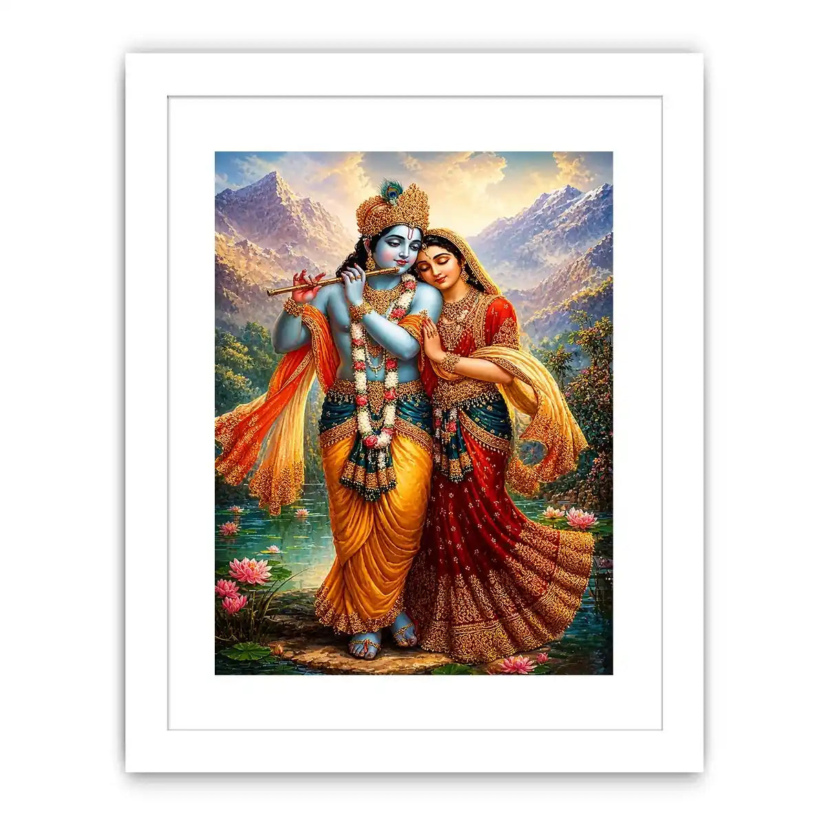 Krishna Radha mountain Canvas Print canvas lotus lake spiritual painting divine couple luxury Indian decor vibrant artwork