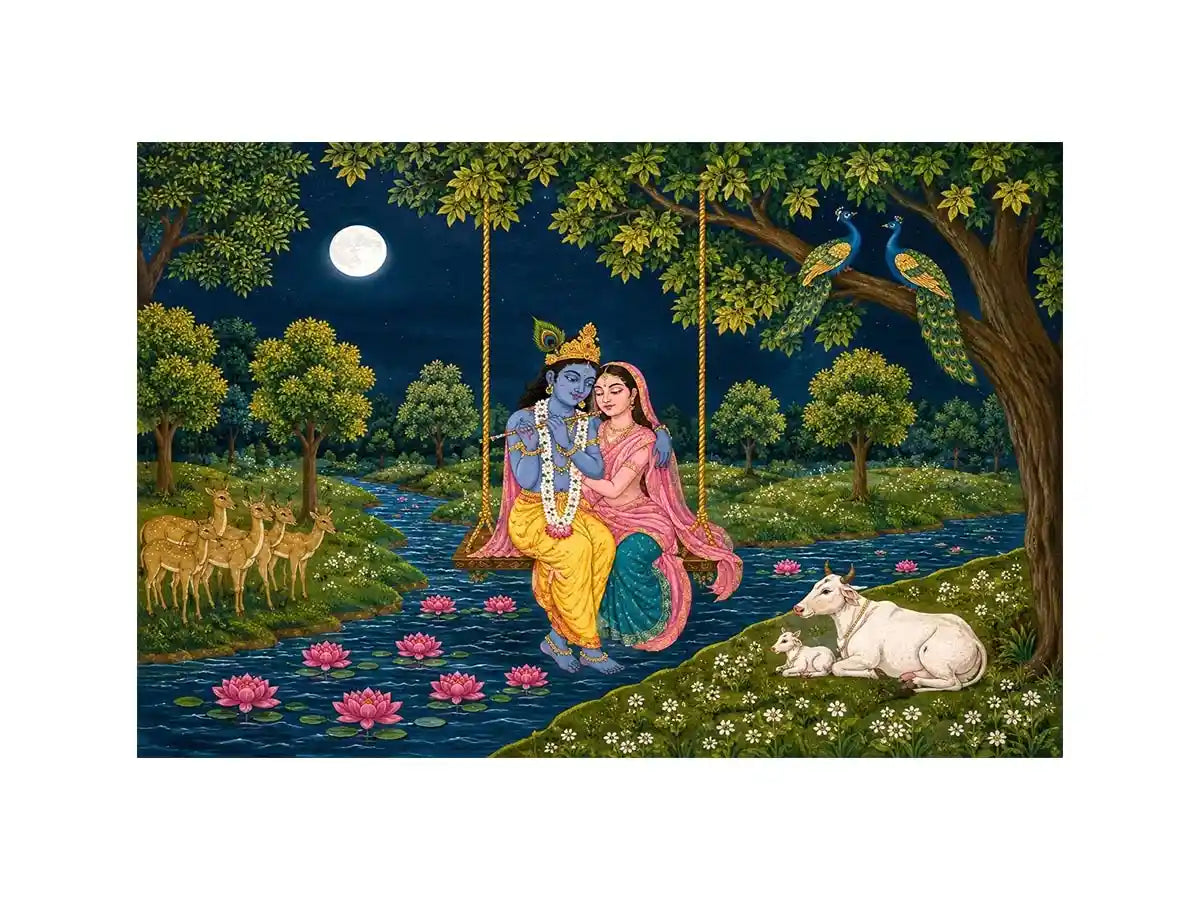   radha krishna moonlit swing devotional wall art