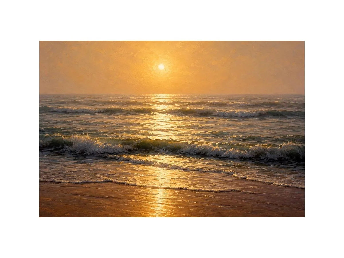   soft golden sunrise ocean serene coastal wall art