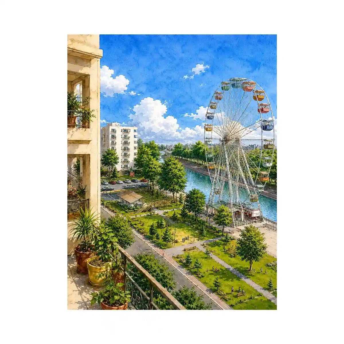   riverside city watercolor canvas