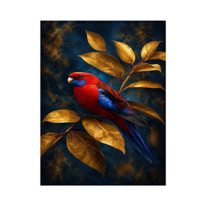   crimson bird golden leaves canvas print