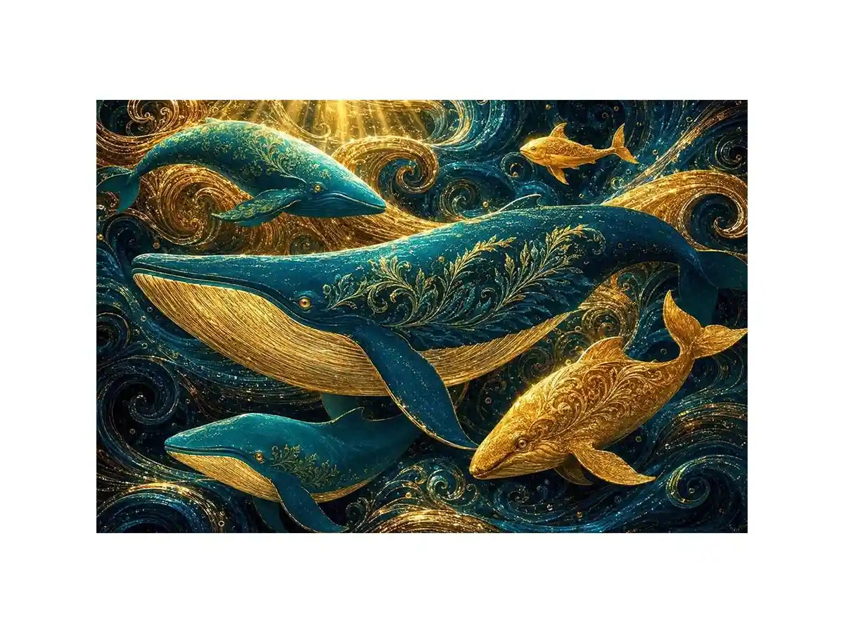   teal gold whale canvas coastal room