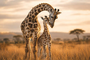 giraffe mother and calf canvas art for warm living room decor.