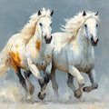 Two running white horses canvas art with textured neutral style for living room decor.