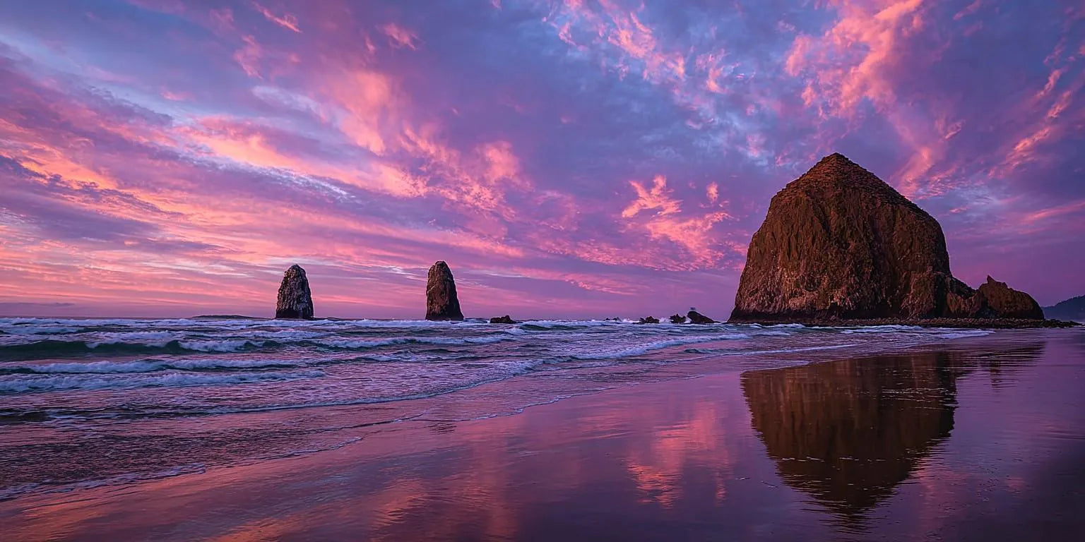 Violet Seastacks Panoramic Canvas Print