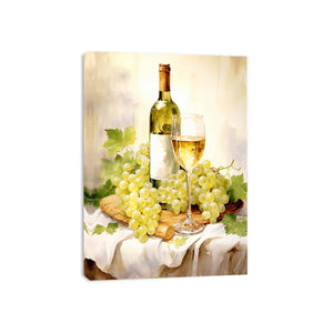 White wine and grape basket canvas art for kitchen decor.
