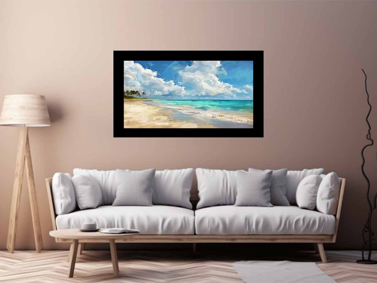 Large beach landscape canvas print above sofa showing scale for small Australian living room wall art