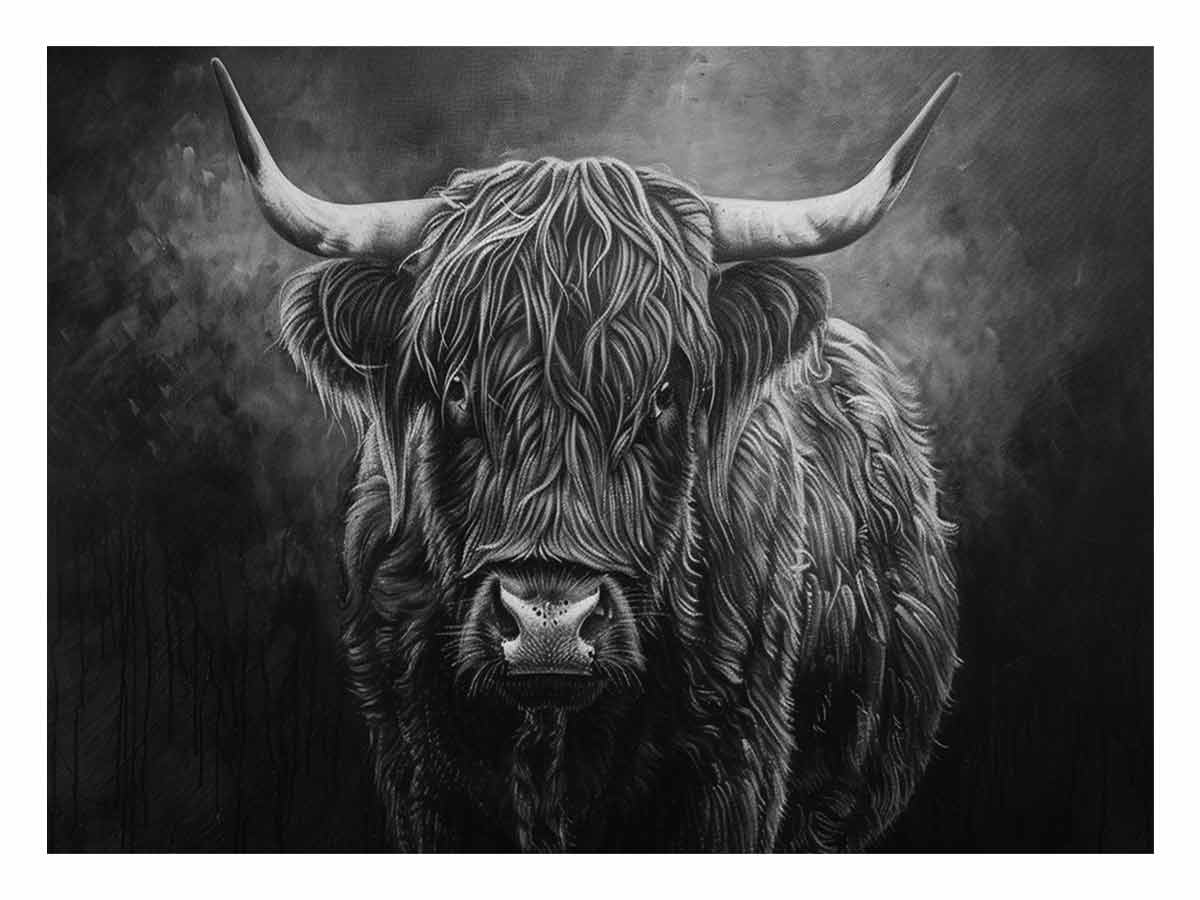 Moody black and white Highland cow canvas wall art for rustic modern office decor.