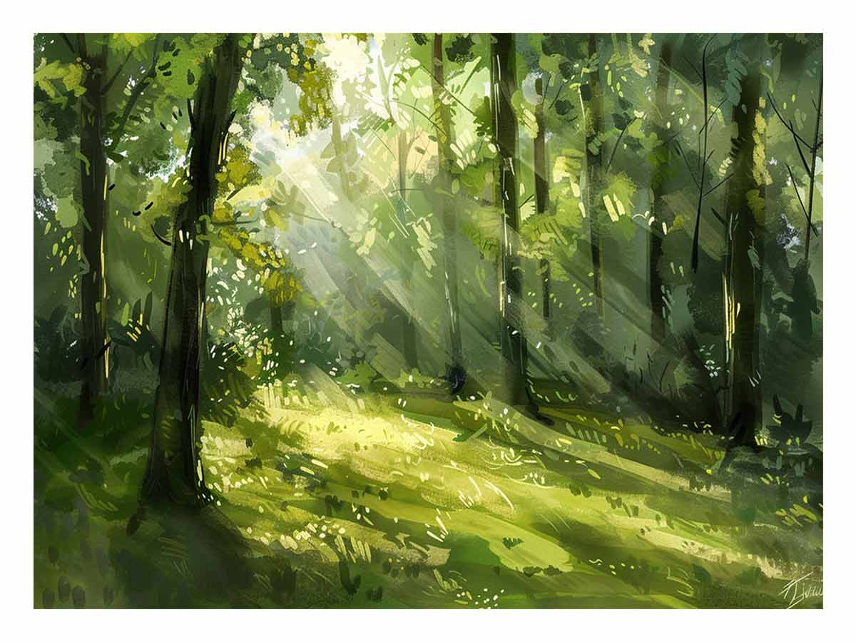 Sunlit green forest canvas art for calming modern living room or bedroom decor.